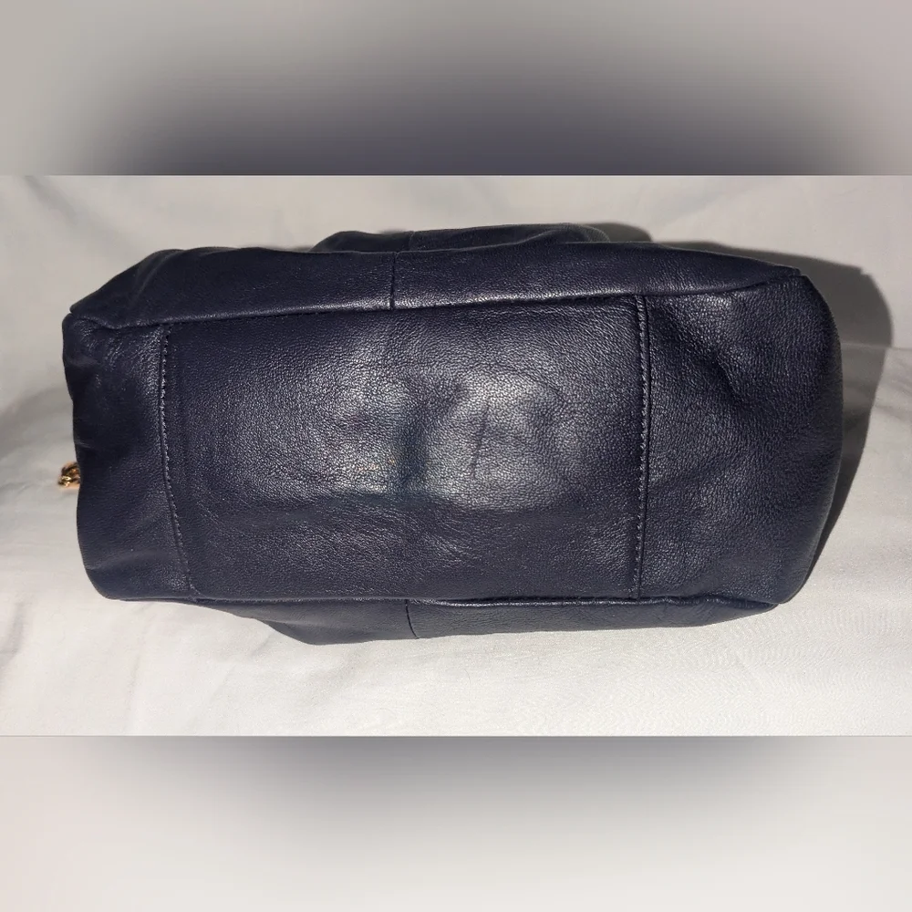 Alfani Navy Leather Ruched Y2K Shoulder Bag with Tassel And Gold Chain Accent